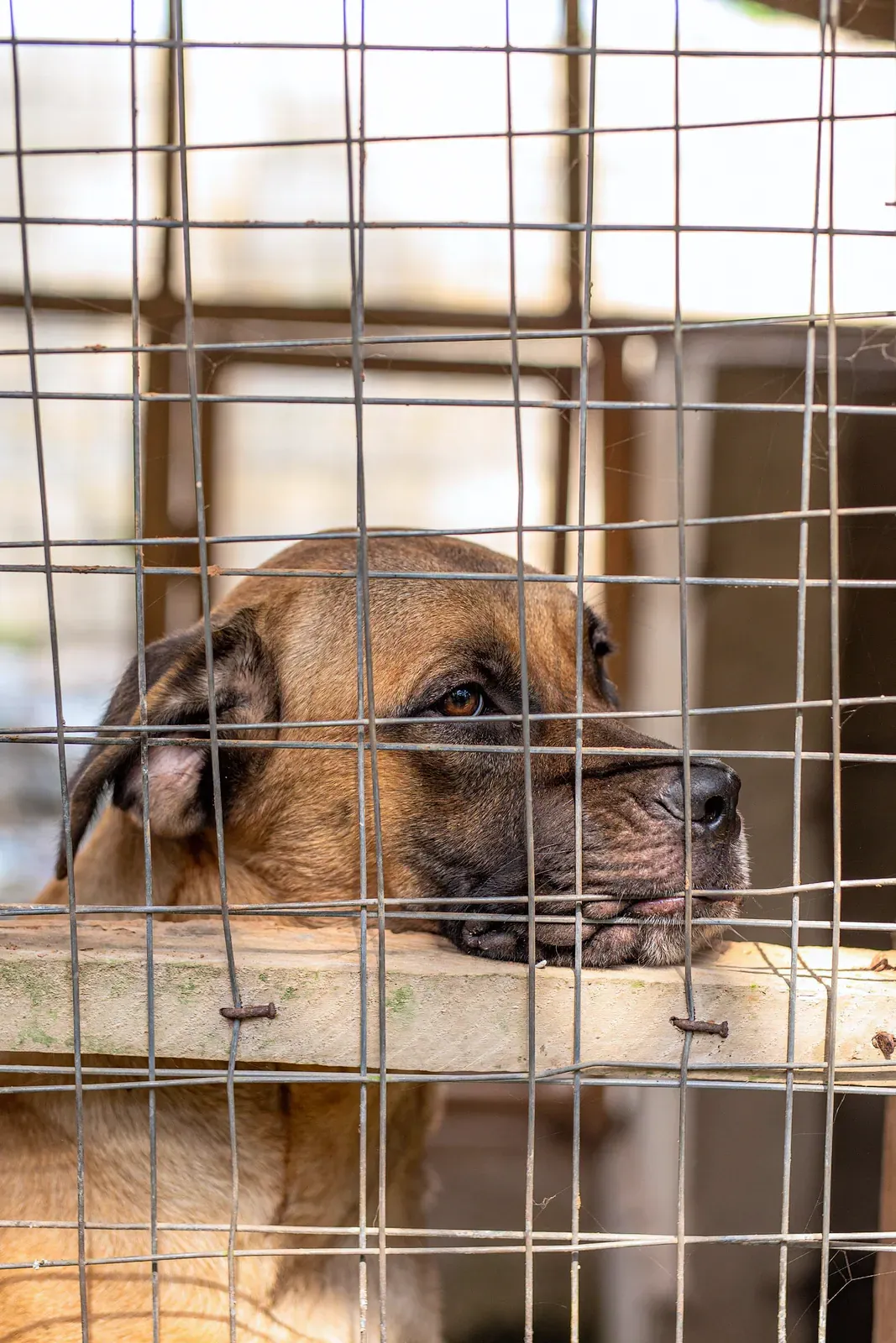 Brown shelter dog resting its chin on the wire of a kennel door