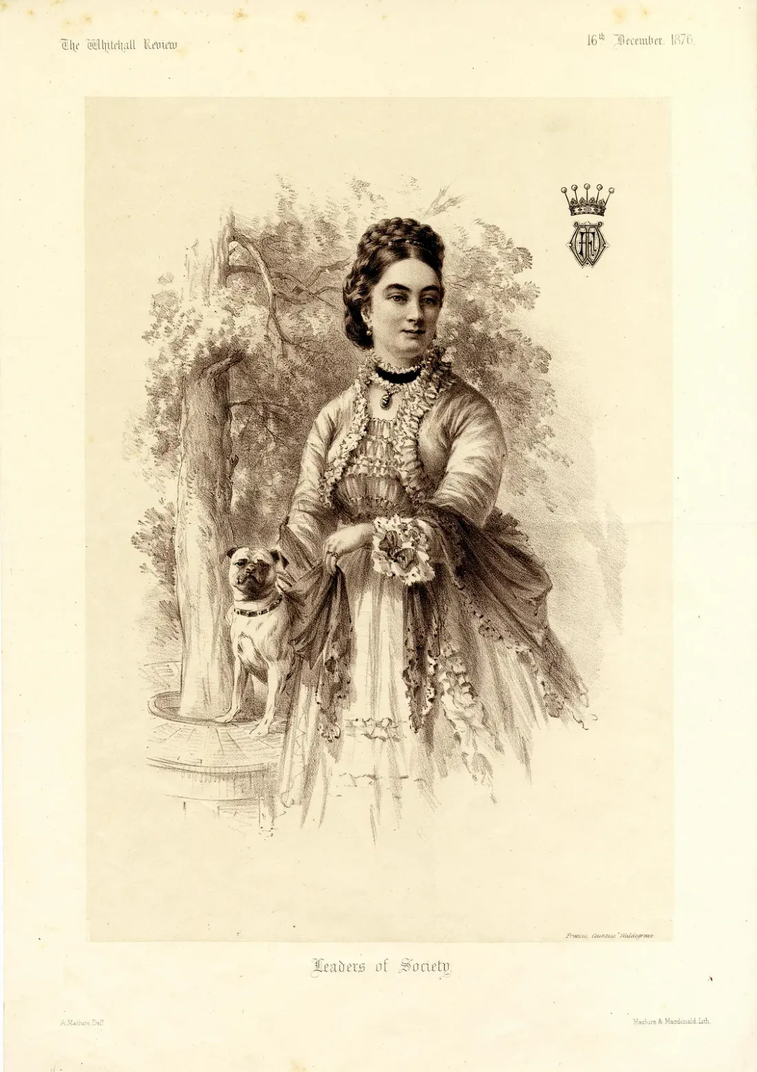 Victorian print of a lady with a Pug at her feet, Leaders of Society, 1890s