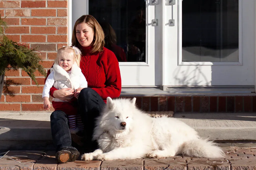 Samoyed lying beside a woman and a toddler on a front step