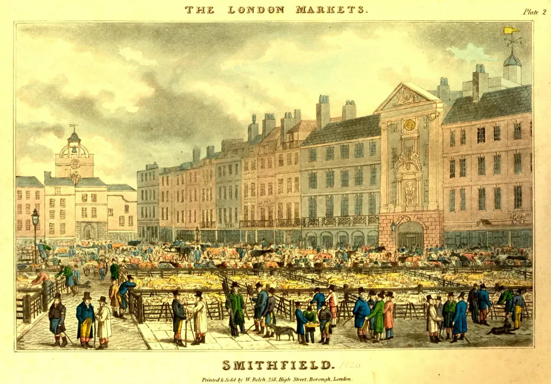 Smithfield livestock market in London, print from 1826